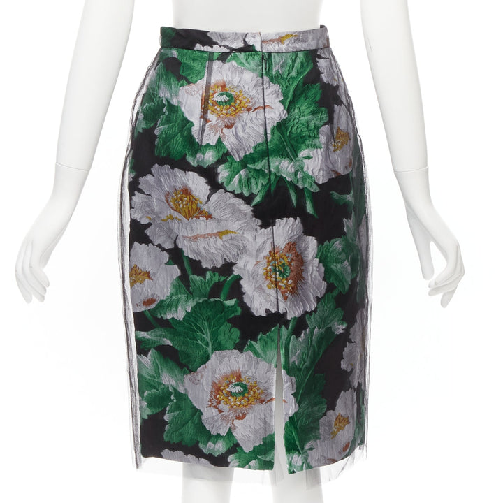 OSCAR DE LA RENTA 2020 black tulle overlay green floral jacquard skirt US0 XS