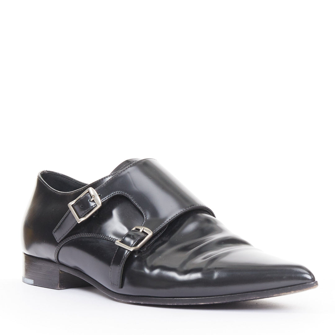 CHRISTIAN DIOR Swing black calfskin leather double buckle monk shoes EU37.5D