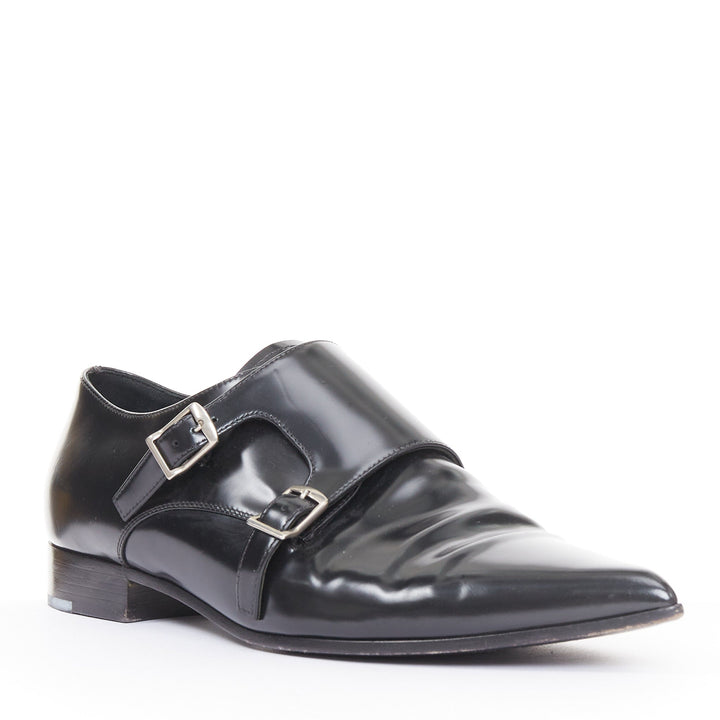 CHRISTIAN DIOR Swing black calfskin leather double buckle monk shoes EU37.5D