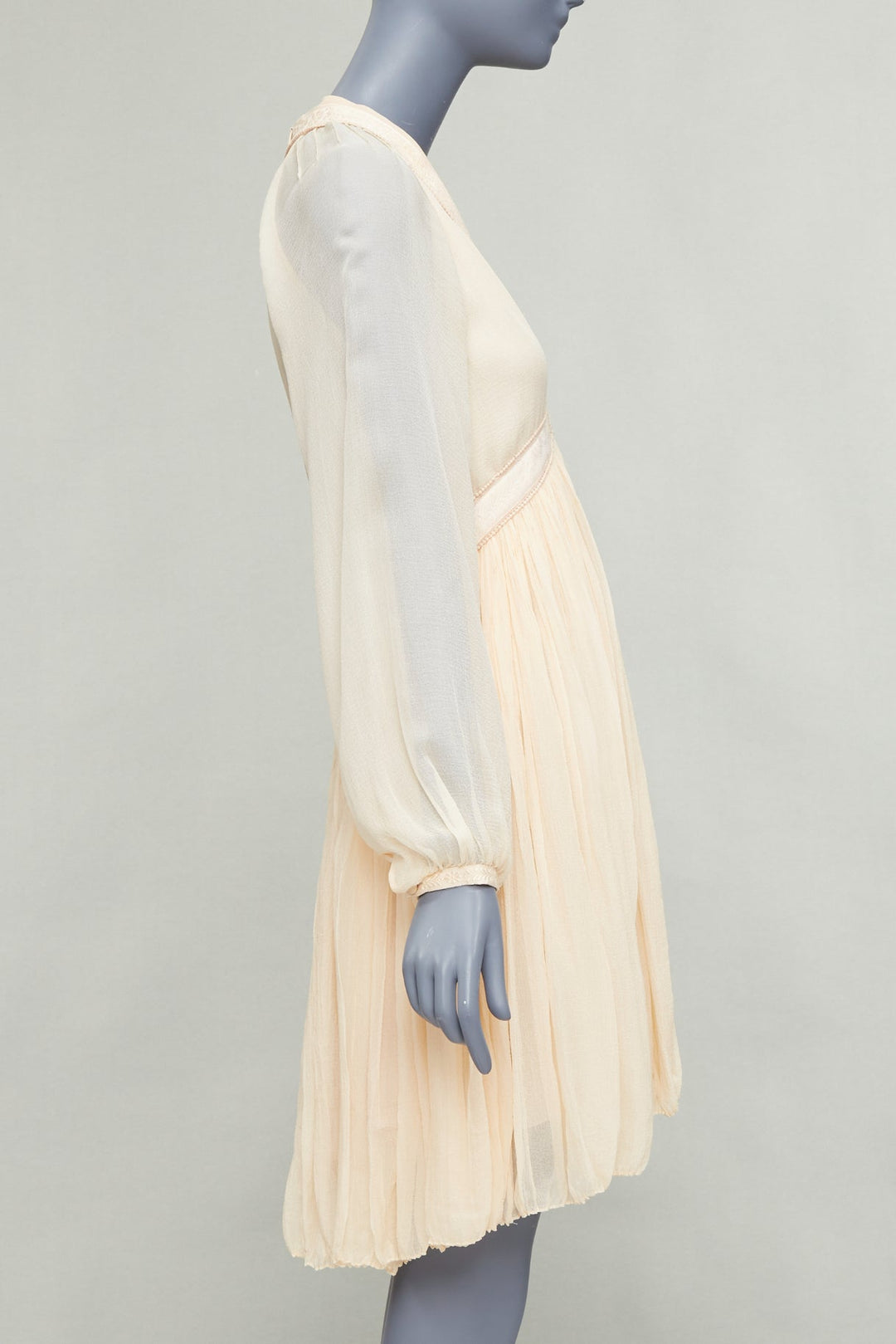 CHLOE 100% pinky beige silk chiffon plunge pleated knee boho dress FR34 XS