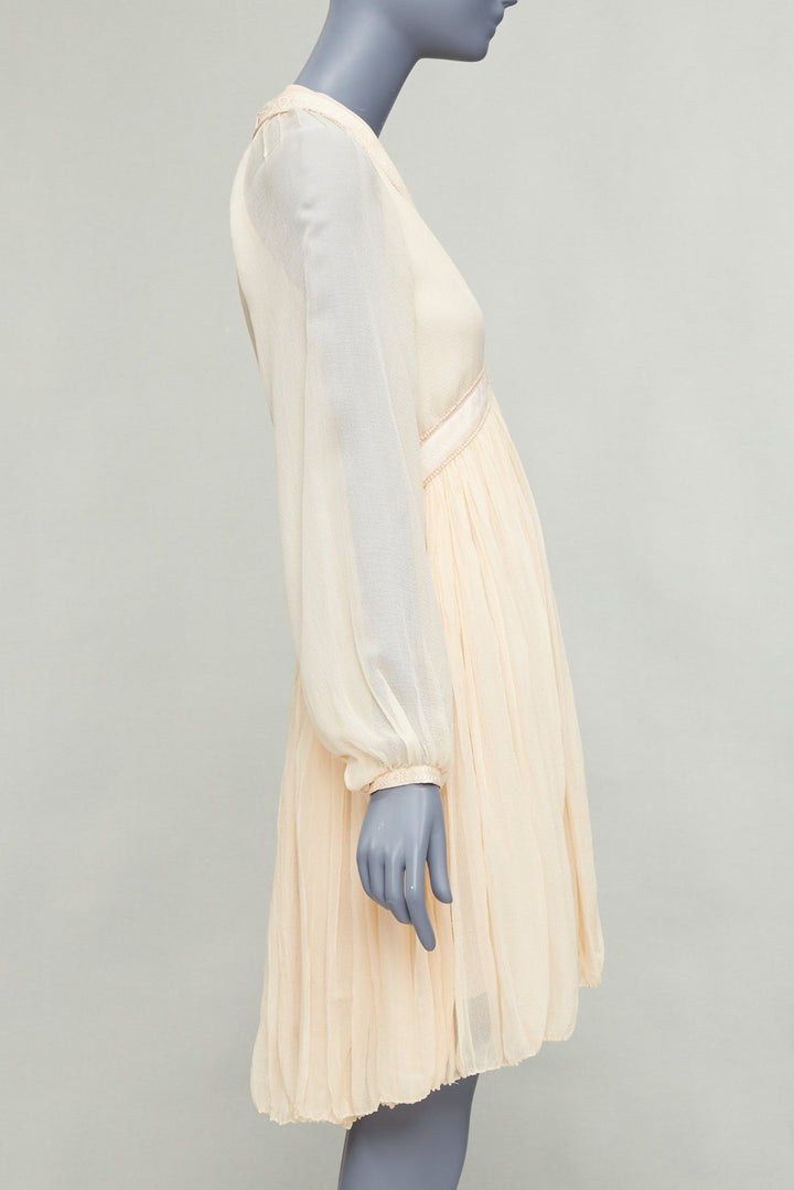 CHLOE 100% pinky beige silk chiffon plunge pleated knee boho dress FR34 XS