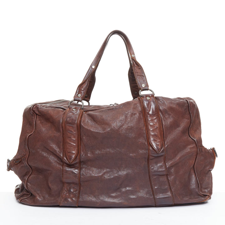 MIU MIU Vintage brown tumbled crinkled leather large travel bag