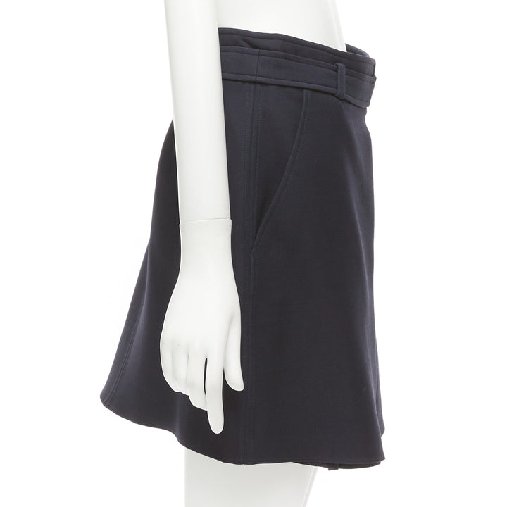 CHRISTIAN DIOR navy wool silk box pleat belted waistband skirt FR38 M