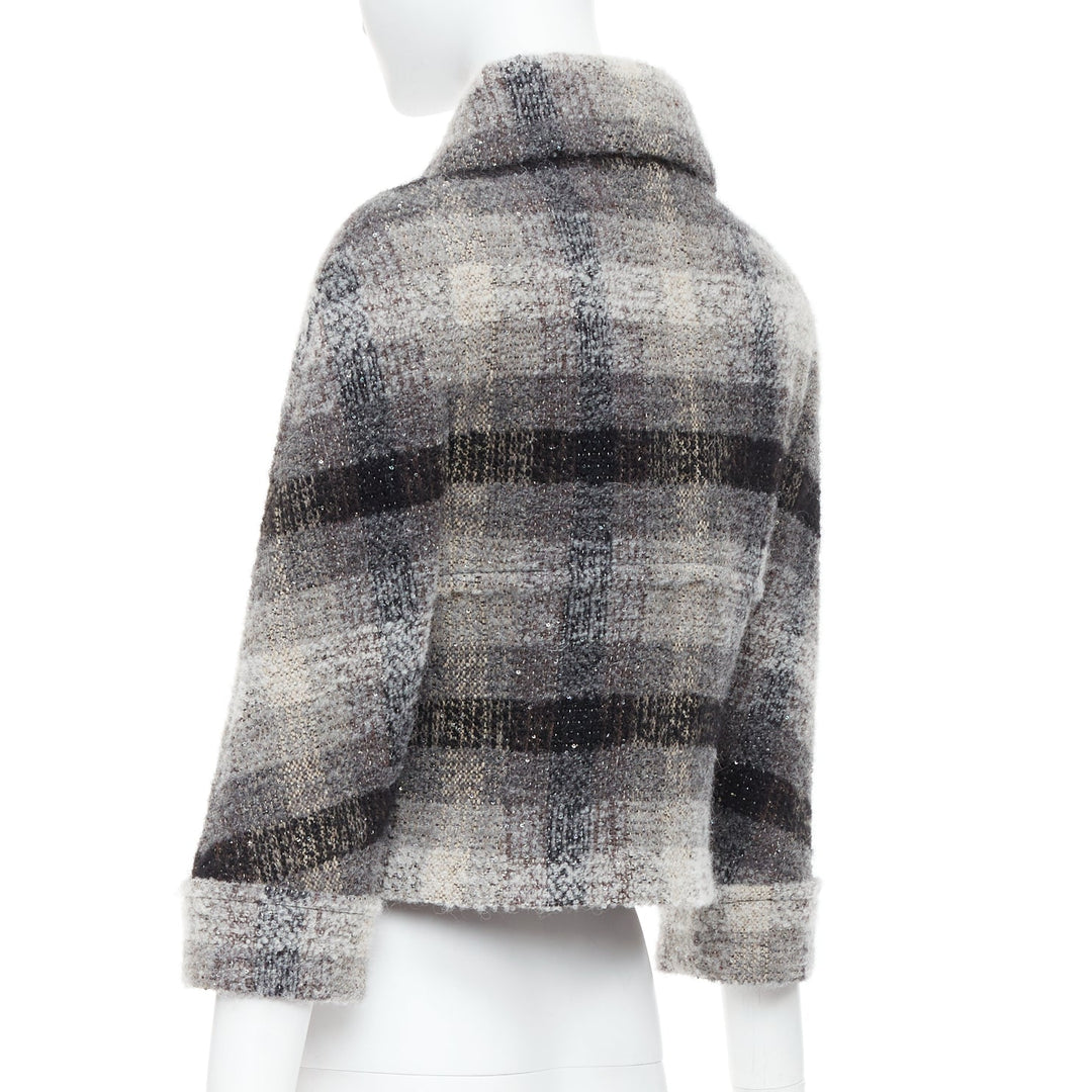 CHANEL 18B Fantasy tweed grey checked sequinned wool crop jacket FR38 M