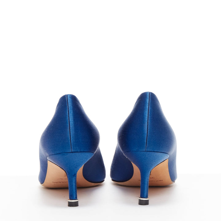 MANOLO BLAHNIK Hangisi 50 blue satin crystal buckle teacup heeled pumps EU36.5