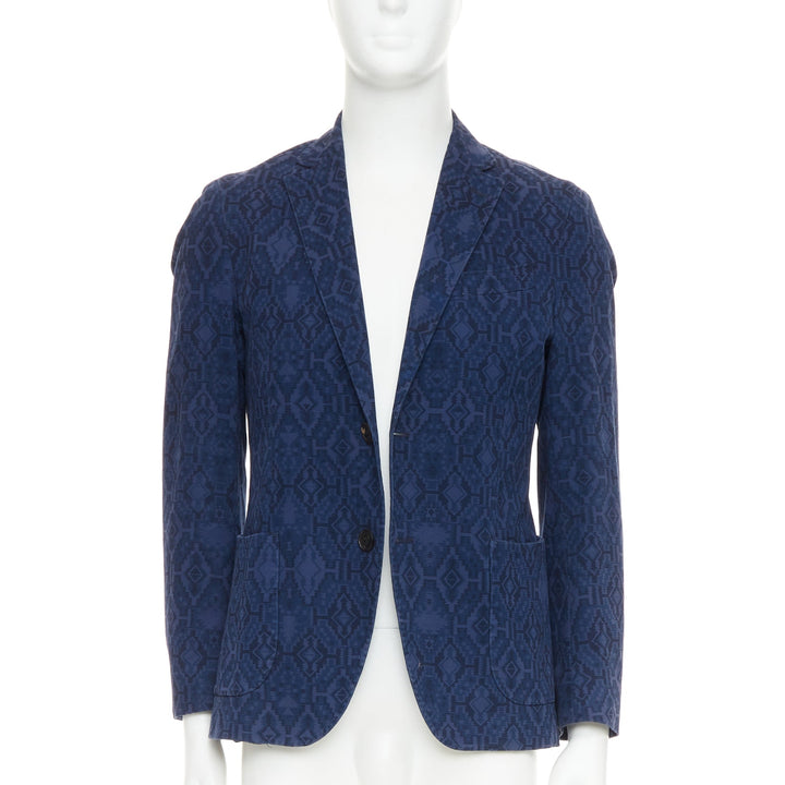 ETRO navy cotton blend aztec print single breasted fitted blazer IT48 M