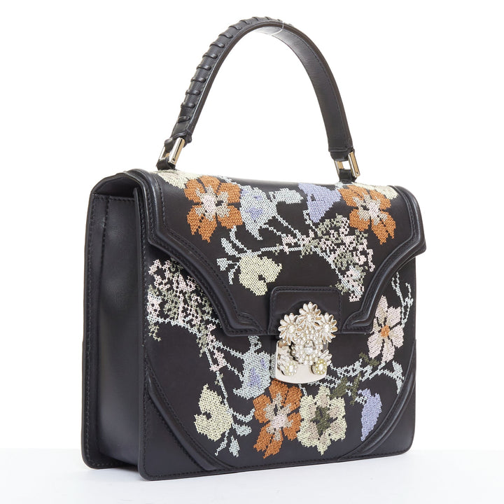 ALEXANDER MCQUEEN black lambskin leather floral embroidered 2 way satchel bag