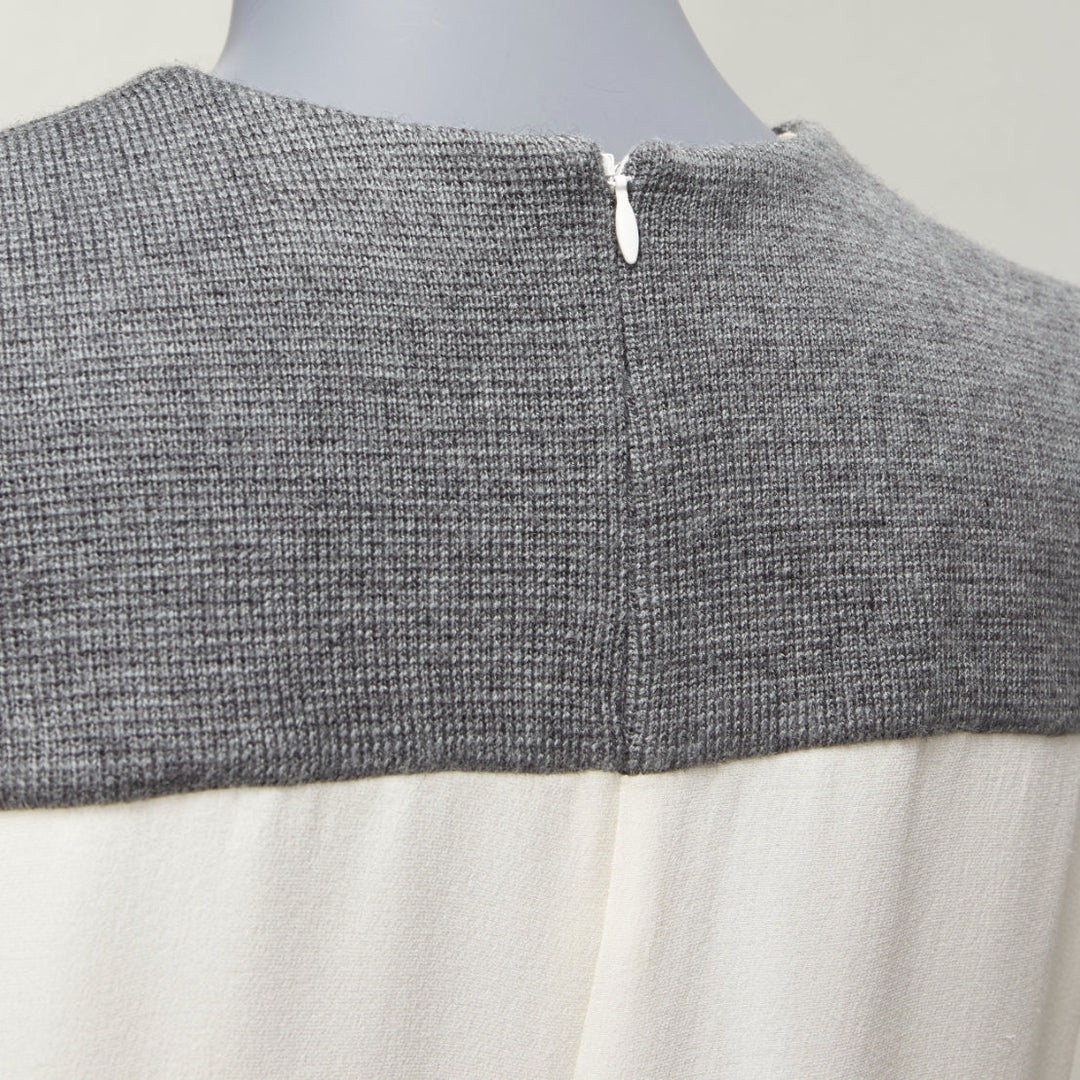 BALENCIAGA Silk 2014 cream silk crepe grey knitted yoke cut out blouse FR38 M