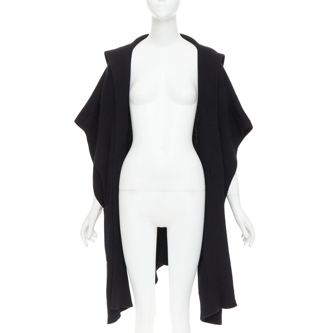 HERMES 100% cashmere black hooded rectangular poncho cardigan coat TU