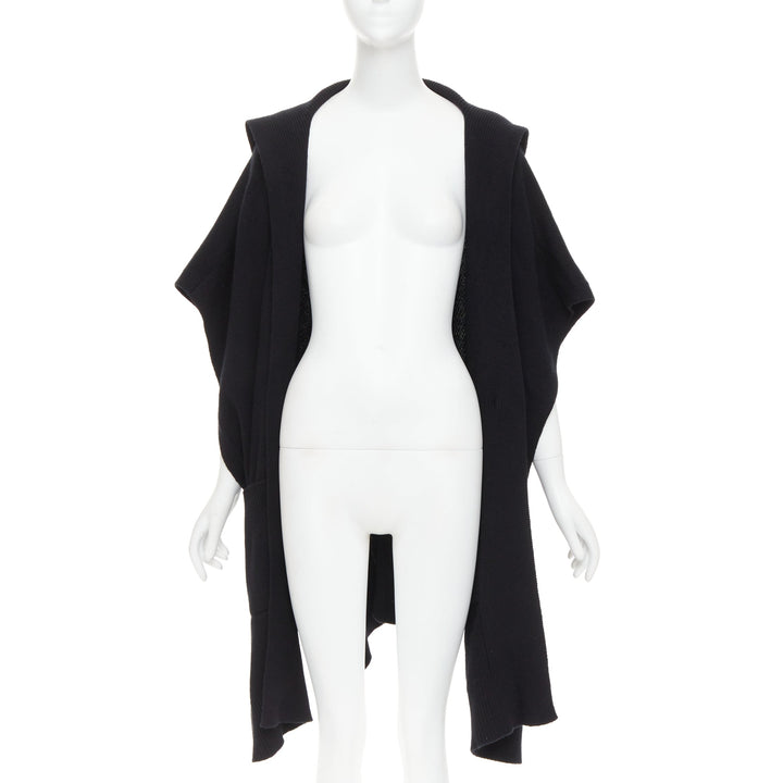 HERMES 100% cashmere black hooded rectangular poncho cardigan coat TU