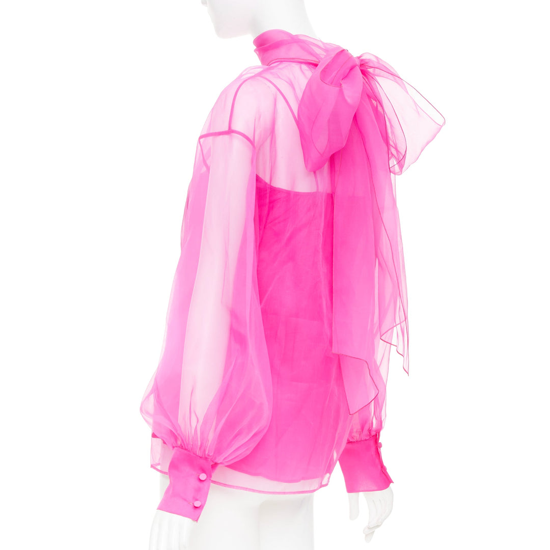VALENTINO 2022 Runway Pink PP high neck sheer silk organza blouse shirt IT36 XXS
