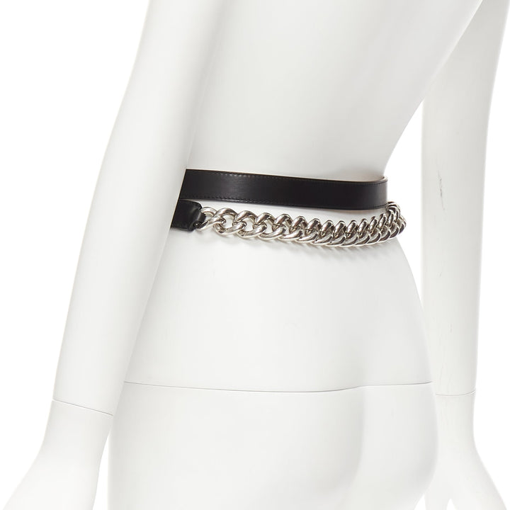 ALEXANDER MCQUEEN black leather silver chunky metal chain wrap belt 70cm