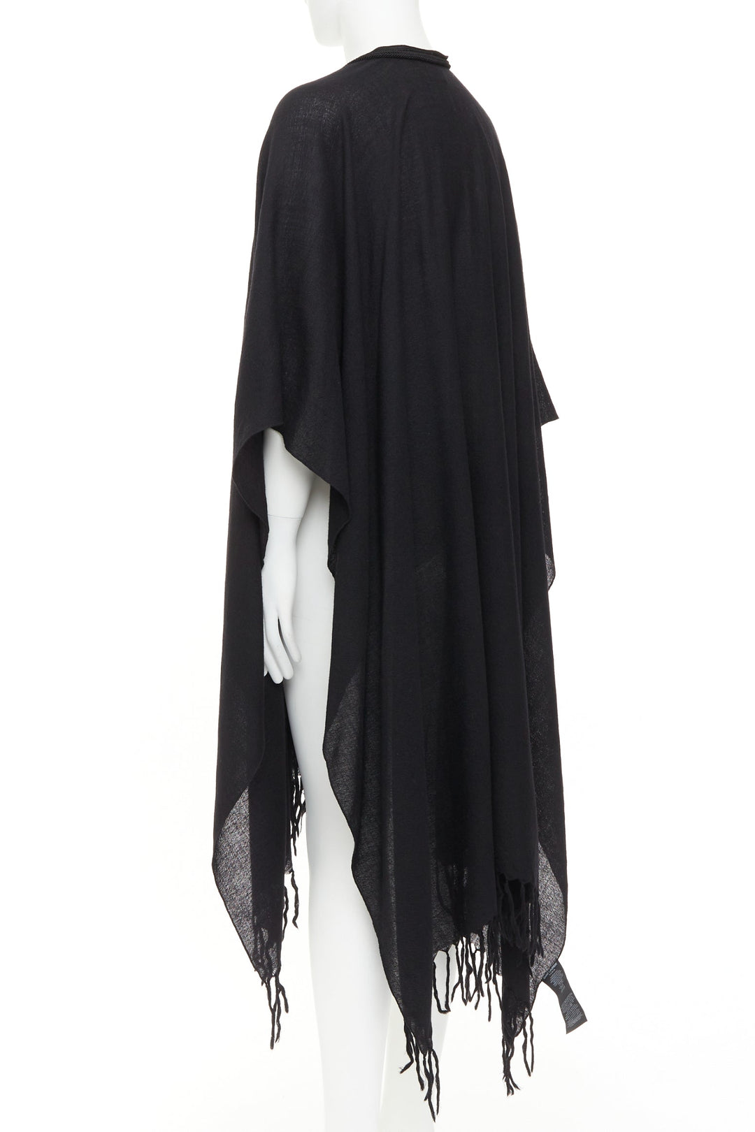 SAINT LAURENT 2016 Runway Hedi Slimane black wool fringed tassel tie cape poncho