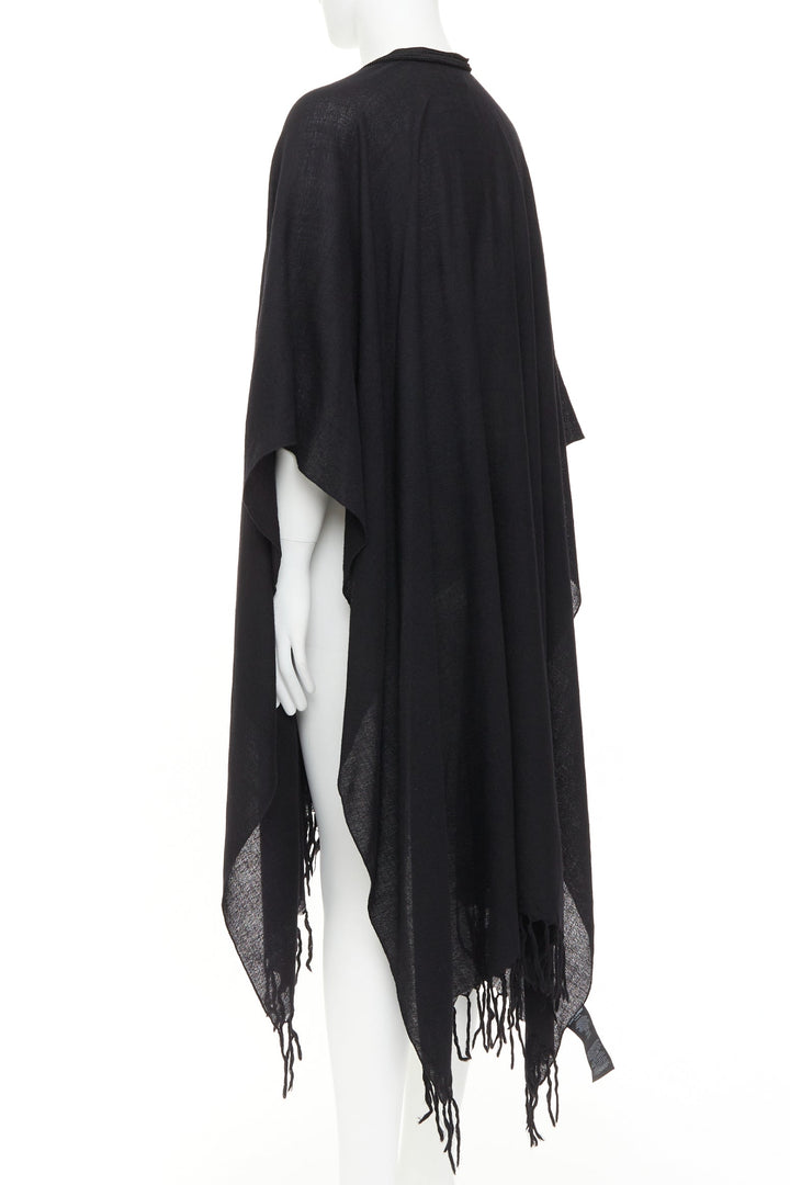 SAINT LAURENT 2016 Runway Hedi Slimane black wool fringed tassel tie cape poncho
