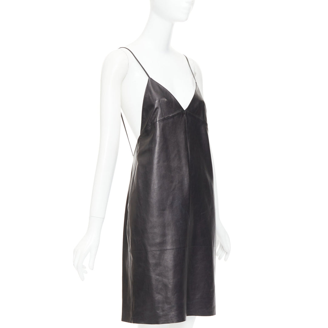 SAINT LAURENT 2024 black lambskin plunge low cut open back slip dress FR38 M
