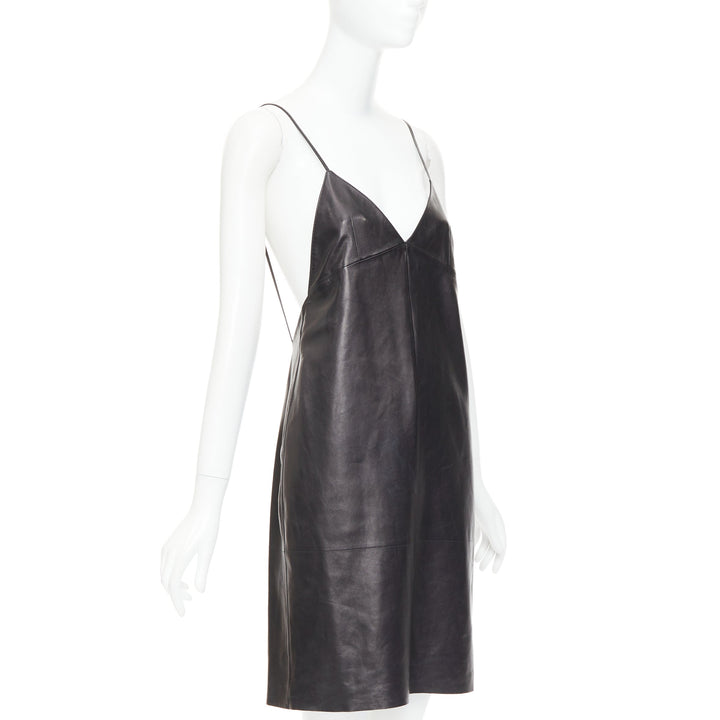 SAINT LAURENT 2024 black lambskin plunge low cut open back slip dress FR38 M