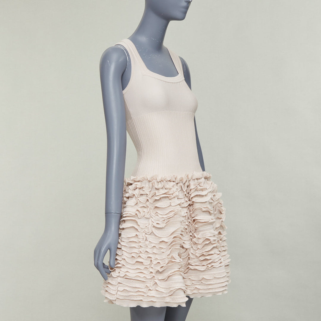 ALAIA pink beige wool blend square neck tiered ruffle cocktail dress FR36 S