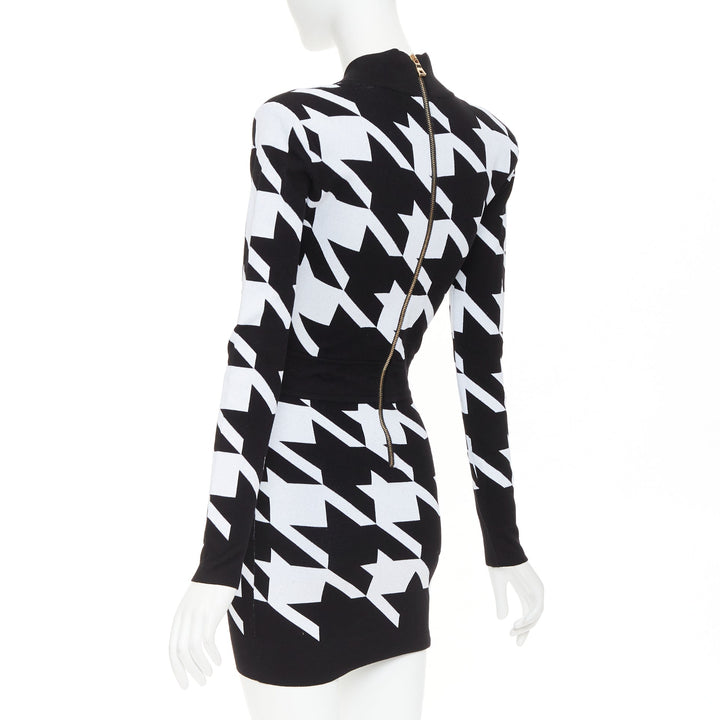 BALMAIN Houndstooth Mini black white bold print jacquard padded dress FR36 S