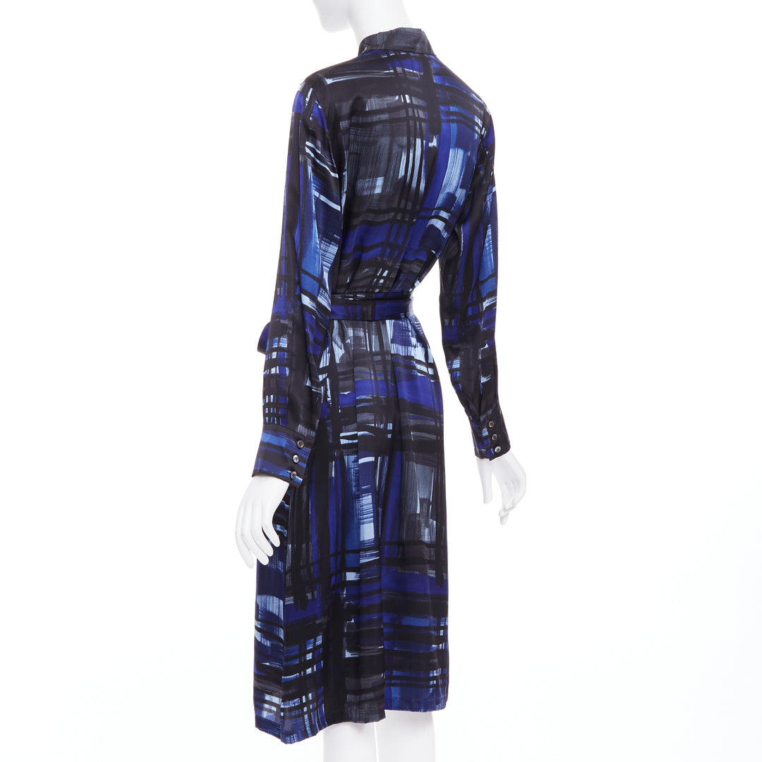 MARINA RINALDI 100% silk blue black brush print belted shirt dress Sz.15 M