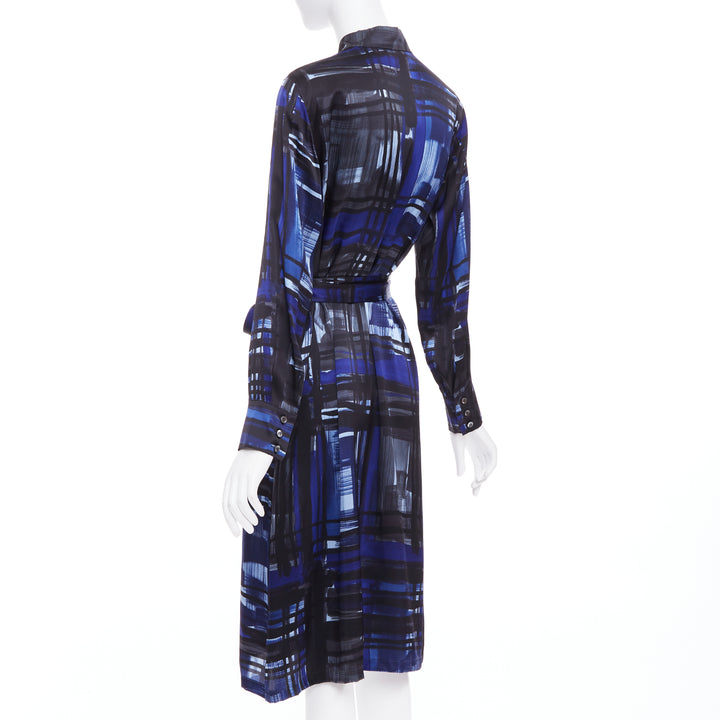 MARINA RINALDI 100% silk blue black brush print belted shirt dress Sz.15 M
