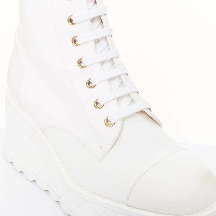 CHANEL 2024 white leather CC logo grid platform lace up wedge boots EU39