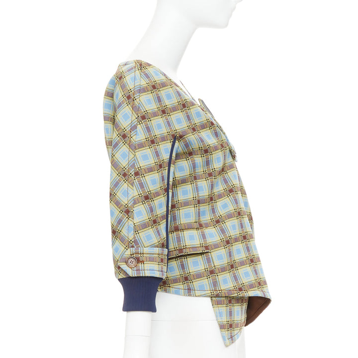 PRADA 2017 Runway blue green check patch drape collar jacket IT38 XS