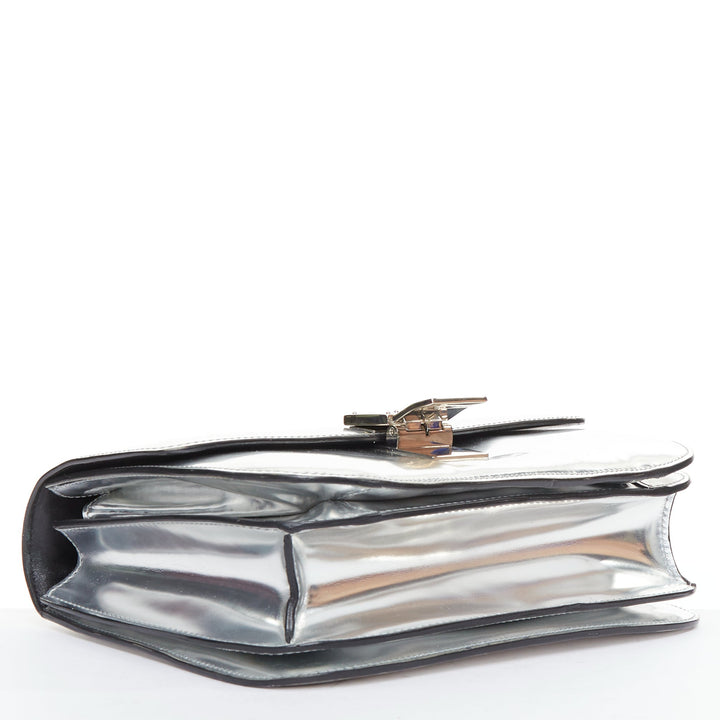 CELINE Classic Box silver mirrored leather push clasp crossbody messenger bag