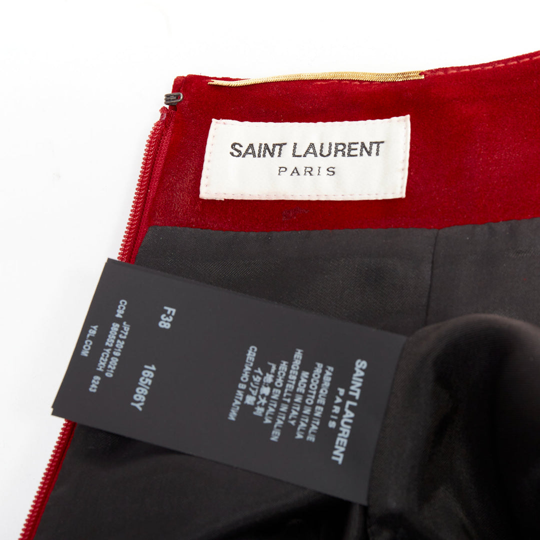 SAINT LAURENT 2019 red suede leather back dart mini skirt FR38 M