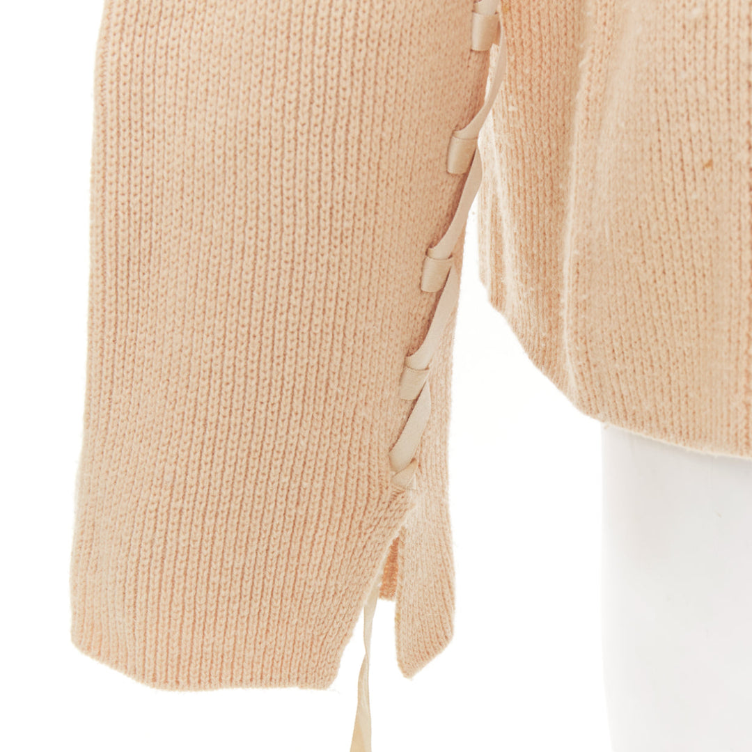 HELMUT LANG beige wool cashmere lace up sleeves relaxed oversized sweater M