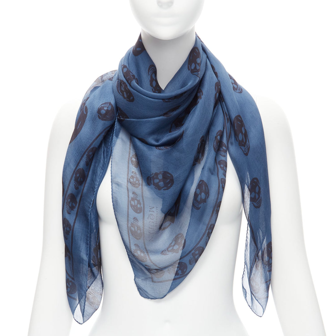ALEXANDER MCQUEEN blue navy skull logo print 100% silk scarf