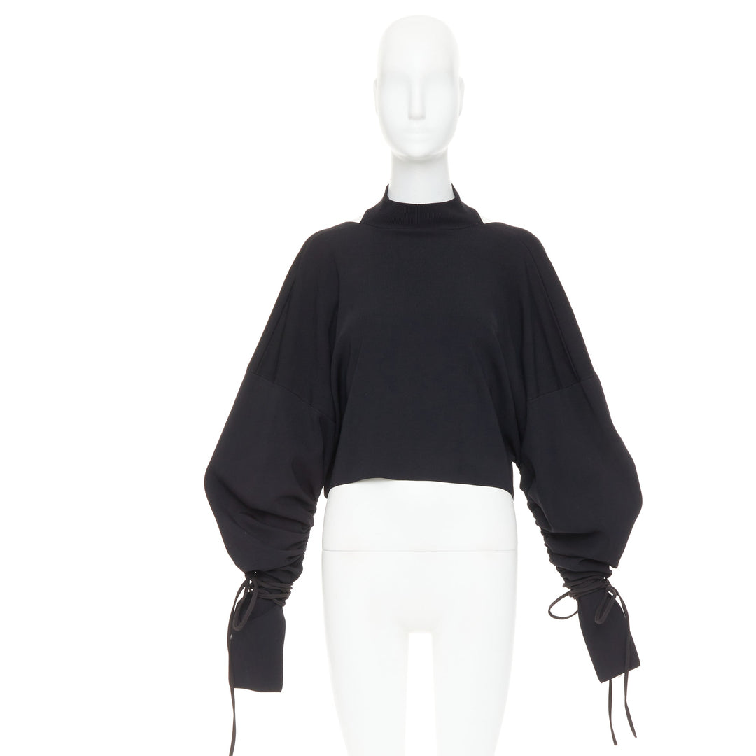 SOLACE LONDON Samara black viscose blend ruched sleeves cropped pullover UK8 S