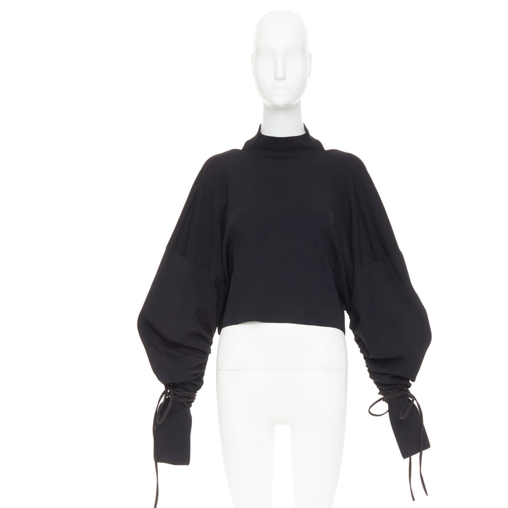 SOLACE LONDON Samara black viscose blend ruched sleeves cropped pullover UK8 S