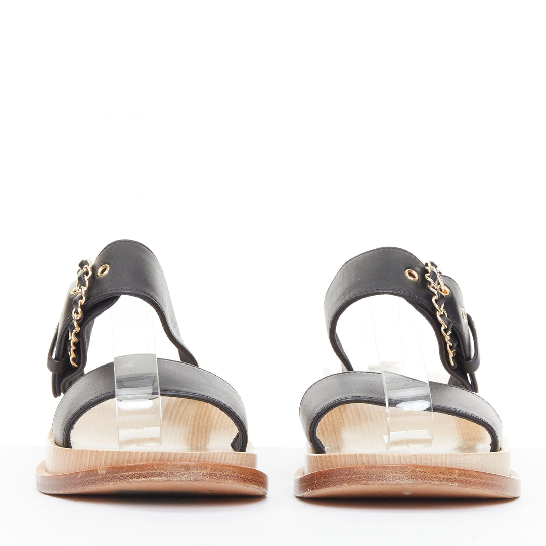 CHANEL 2018 black calfskin leather chain buckle wooden slide wedge  sandals EU38