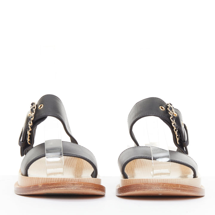 CHANEL 2018 black calfskin leather chain buckle wooden slide wedge  sandals EU38