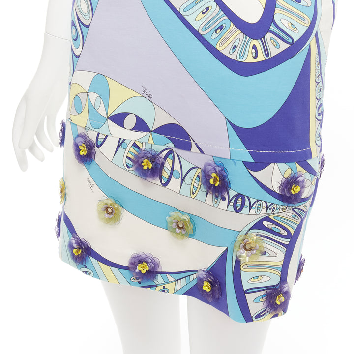 EMILIO PUCCI blue geometric floral cut out flower applique halter mini dress