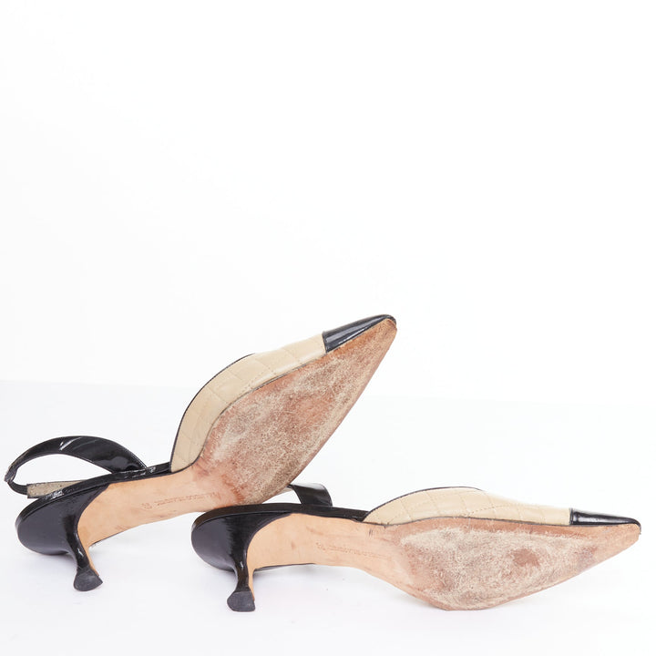 MANOLO BLAHNIK nude quilted leather stitch black toe cap slingback heel EU39