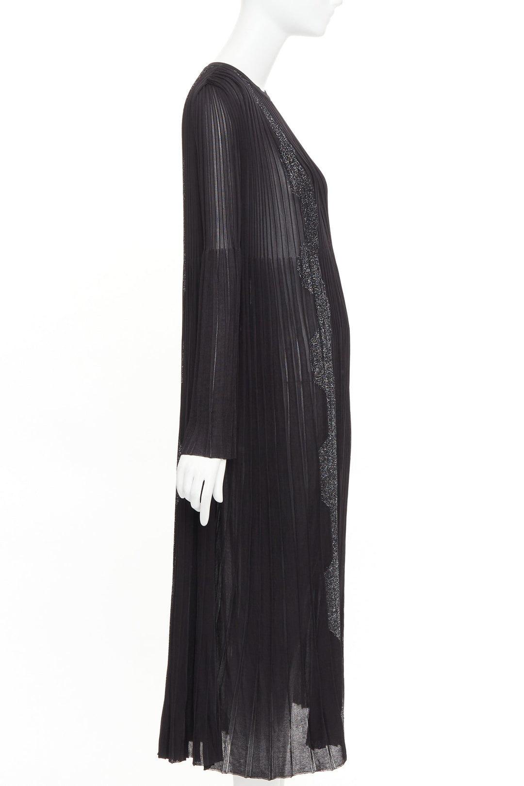 CHANEL black silver glitter CC resin button plisse sheer wave midi dress FR38 M