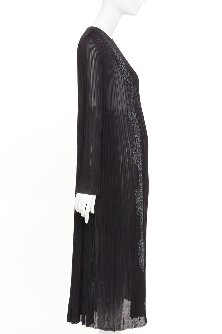 CHANEL black silver glitter CC resin button plisse sheer wave midi dress FR38 M