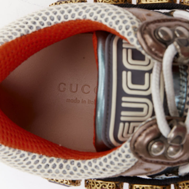 GUCCI Flashtrek pink blue metallic leather crystal harness dad sneakers EU37