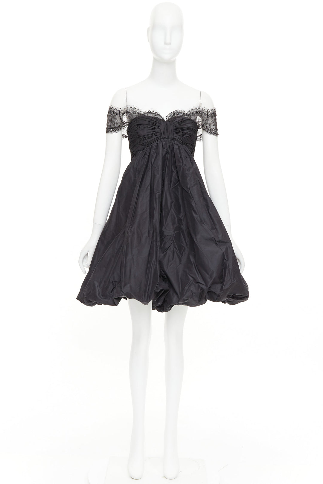OSCAR DE LA RENTA Vintage black lace trim ruched bow cocktail bubble dress US2 S
