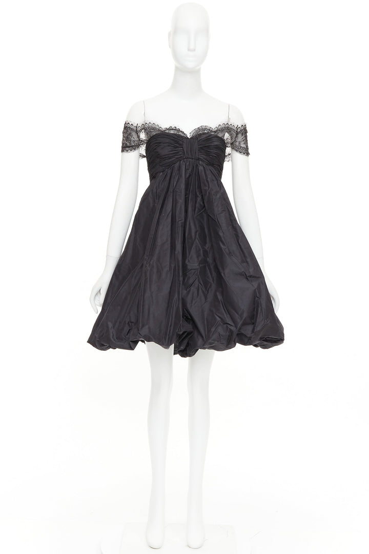 OSCAR DE LA RENTA Vintage black lace trim ruched bow cocktail bubble dress US2 S