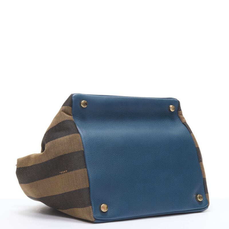 FENDI navy blue leather Penguine stripe canvas flared side tote bag