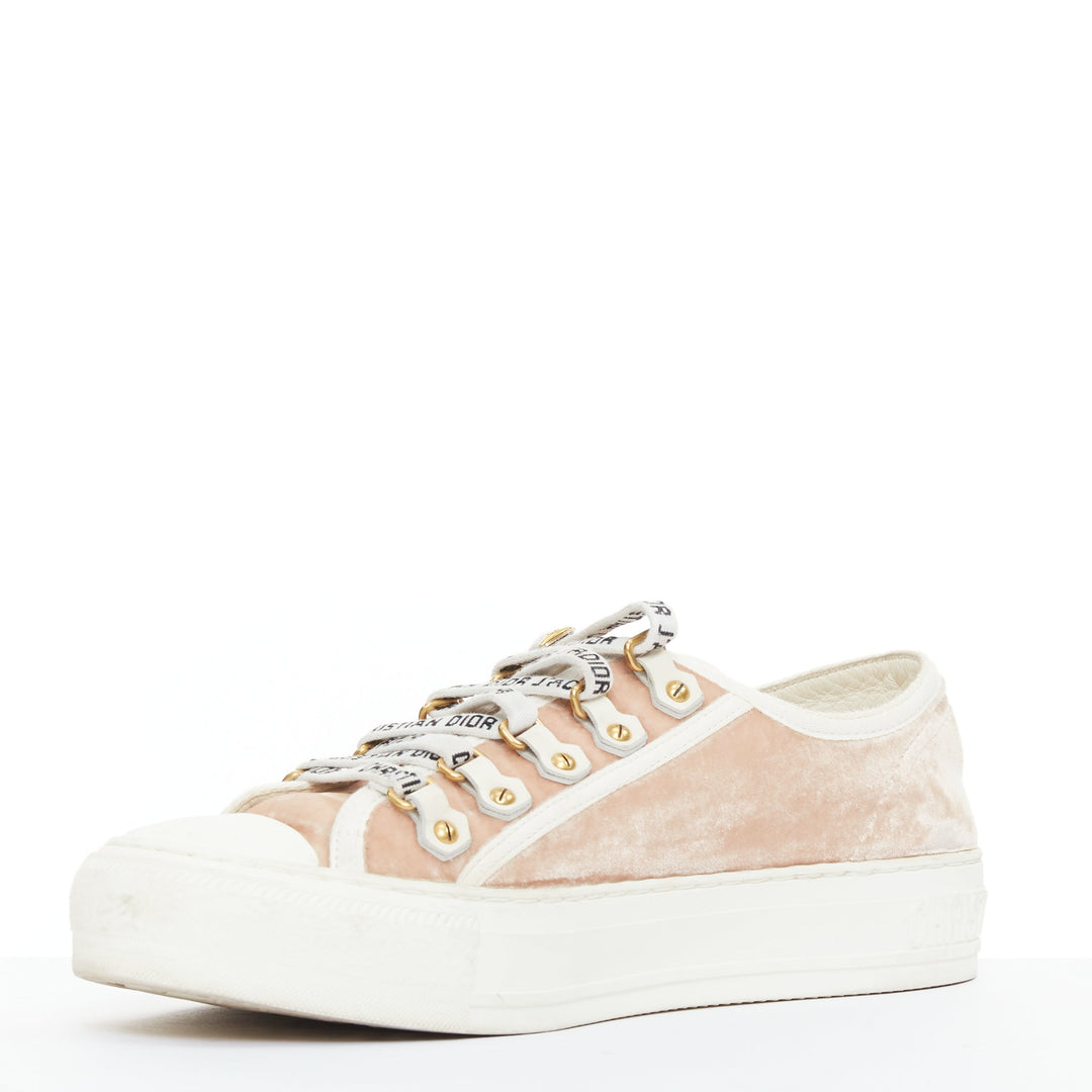 CHRISTIAS DIOR WalknDior pink velvet logo lace up low platform sneakers EU37.5