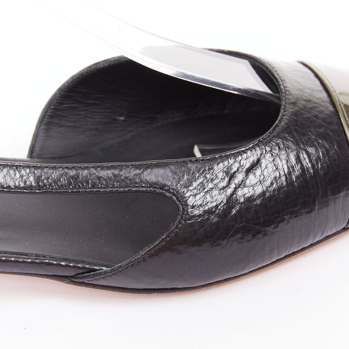CHANEL two tone gunmetal cap toe black texture leather CC slingback flats EU38.5