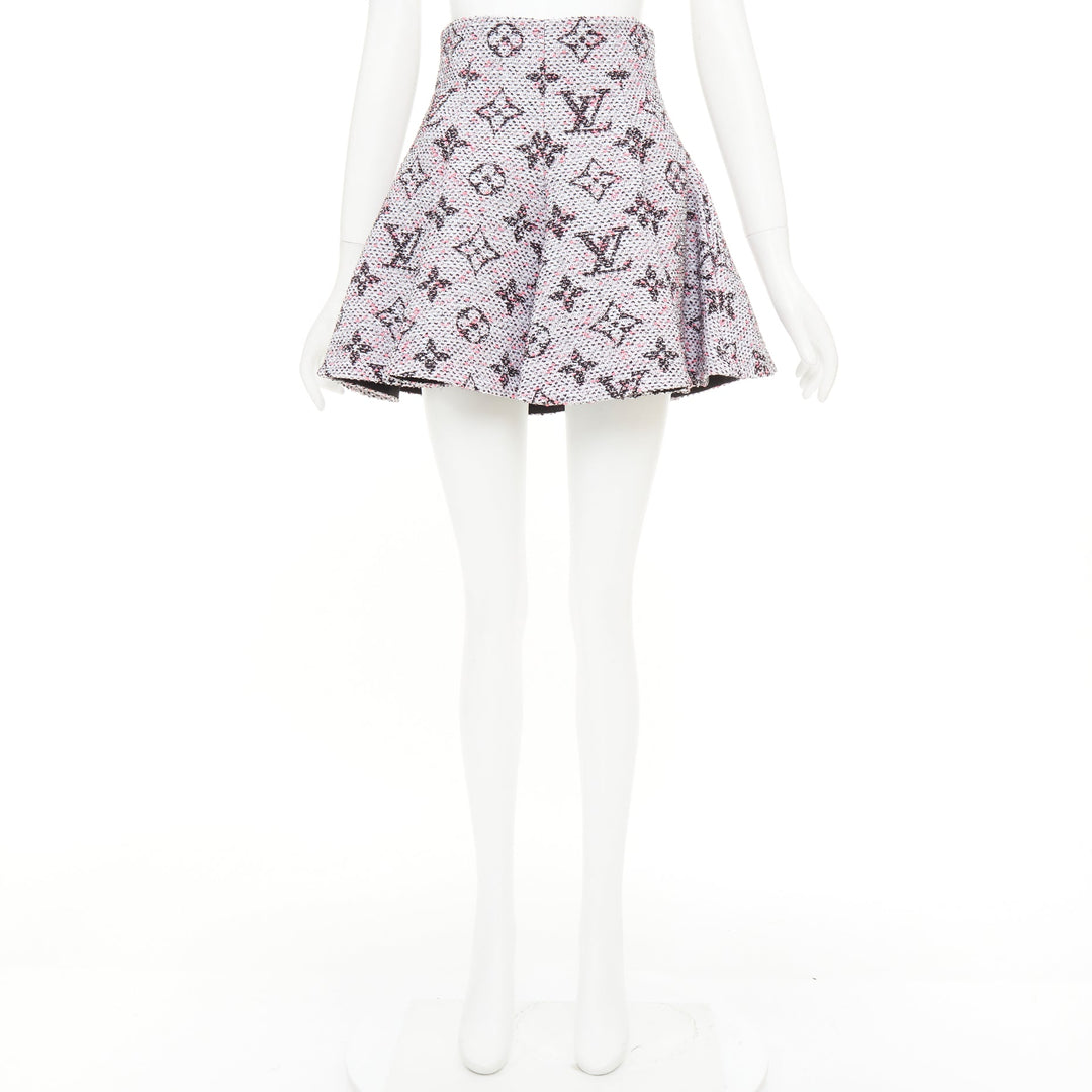 LOUIS VUITTON Monogram Tweed Pleated Circle pink black flared skirt FR34 XXS