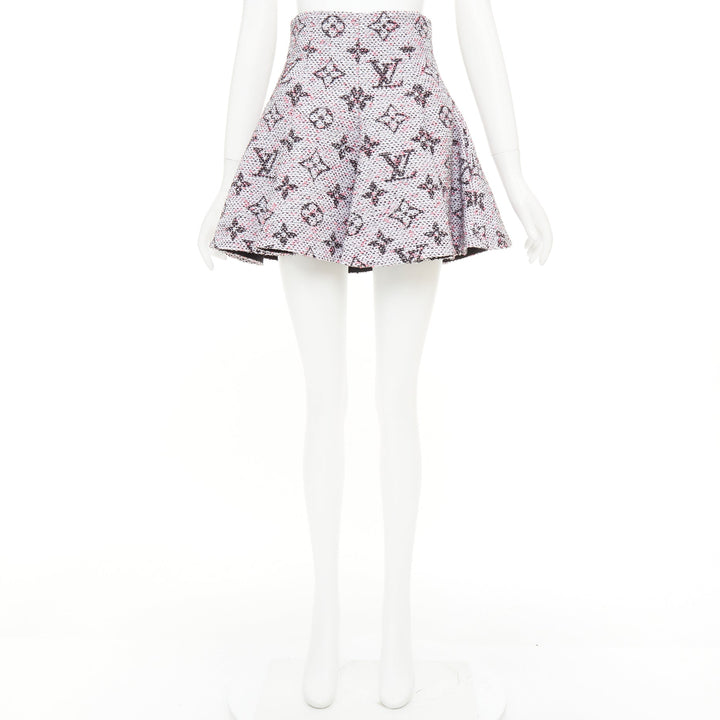 LOUIS VUITTON Monogram Tweed Pleated Circle pink black flared skirt FR34 XXS