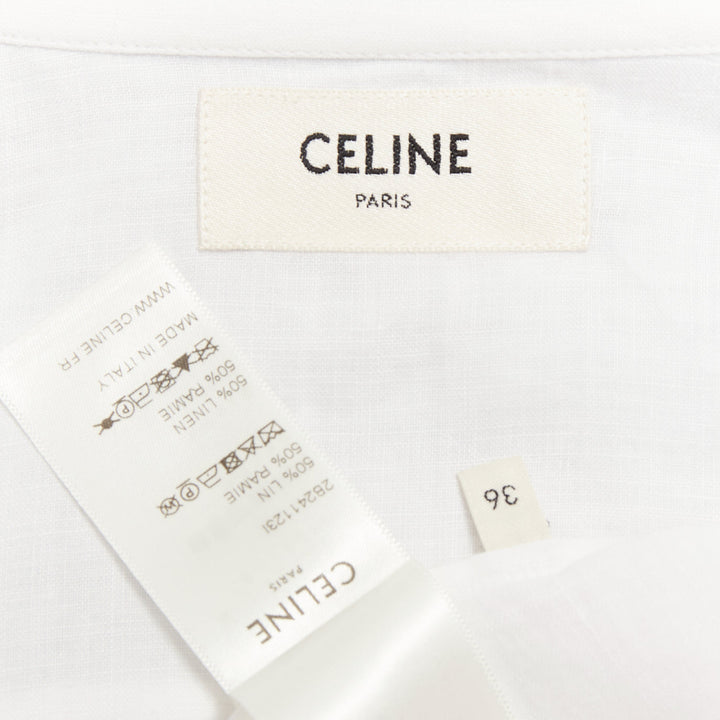 CELINE white linen ramie eyelet ruffled collar embroidered pleated shirt FR36 S