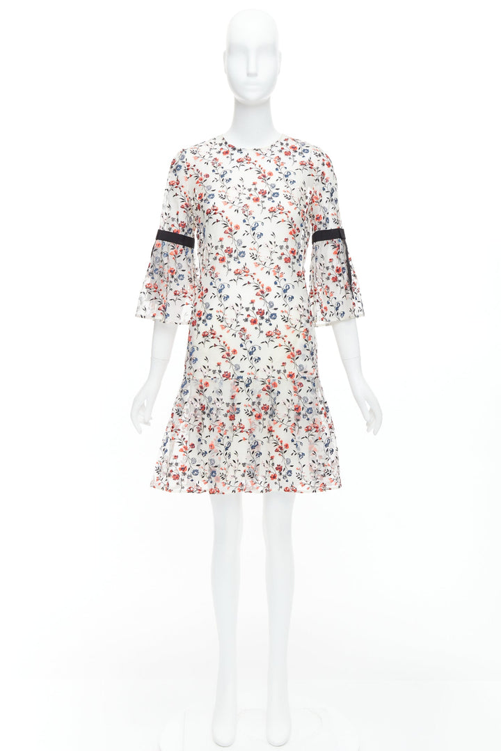 ERDEM Lissy 100% silk white red floral embroidered pleated dress UK8 S