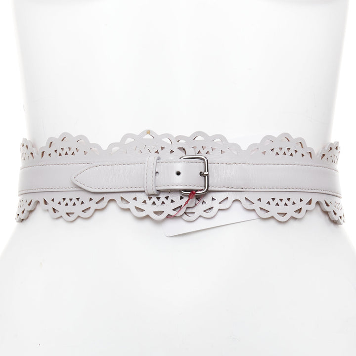 ALAIA light grey leather laser cut details silver buckle scallop belt 65cm