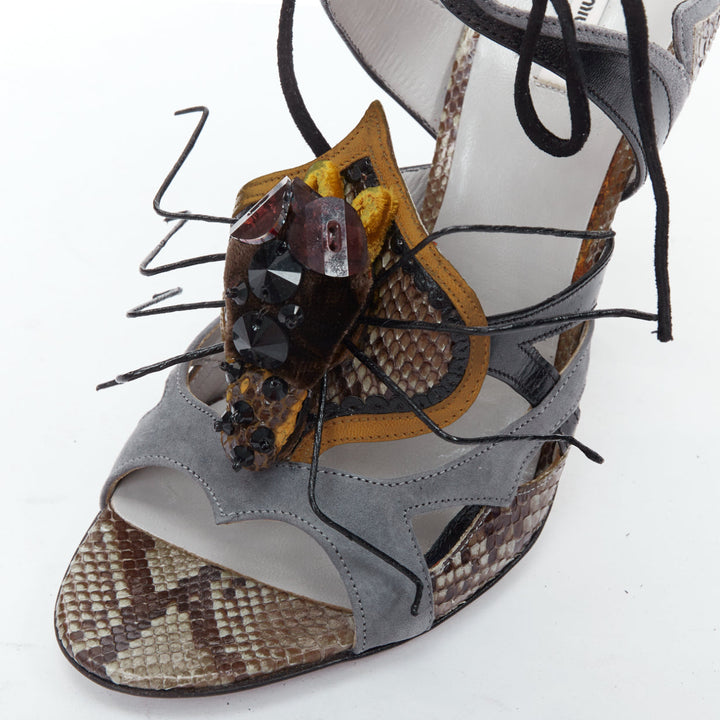 rare MIU MIU 2010 Runway Spider embellished grey leather heeled sandals EU36